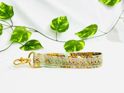 Handcrafted Fabric Keychain With Embroidery Design- Green Golden Lace