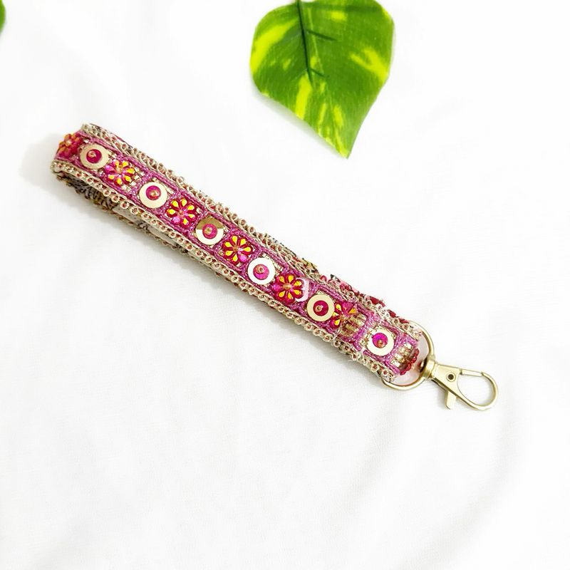 Handcrafted Fabric Keychain With Embroidery Design- White Floral Pink