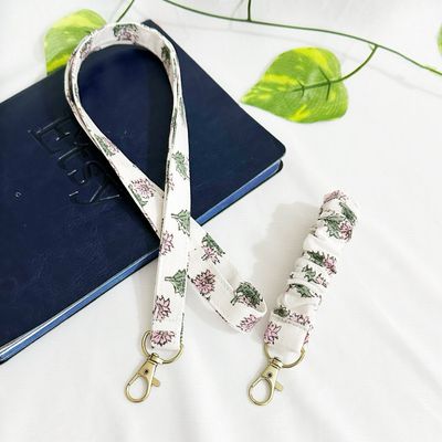 Block Print Lanyard And Scrunchie Keychain Key Fob Set - White Pink Floral