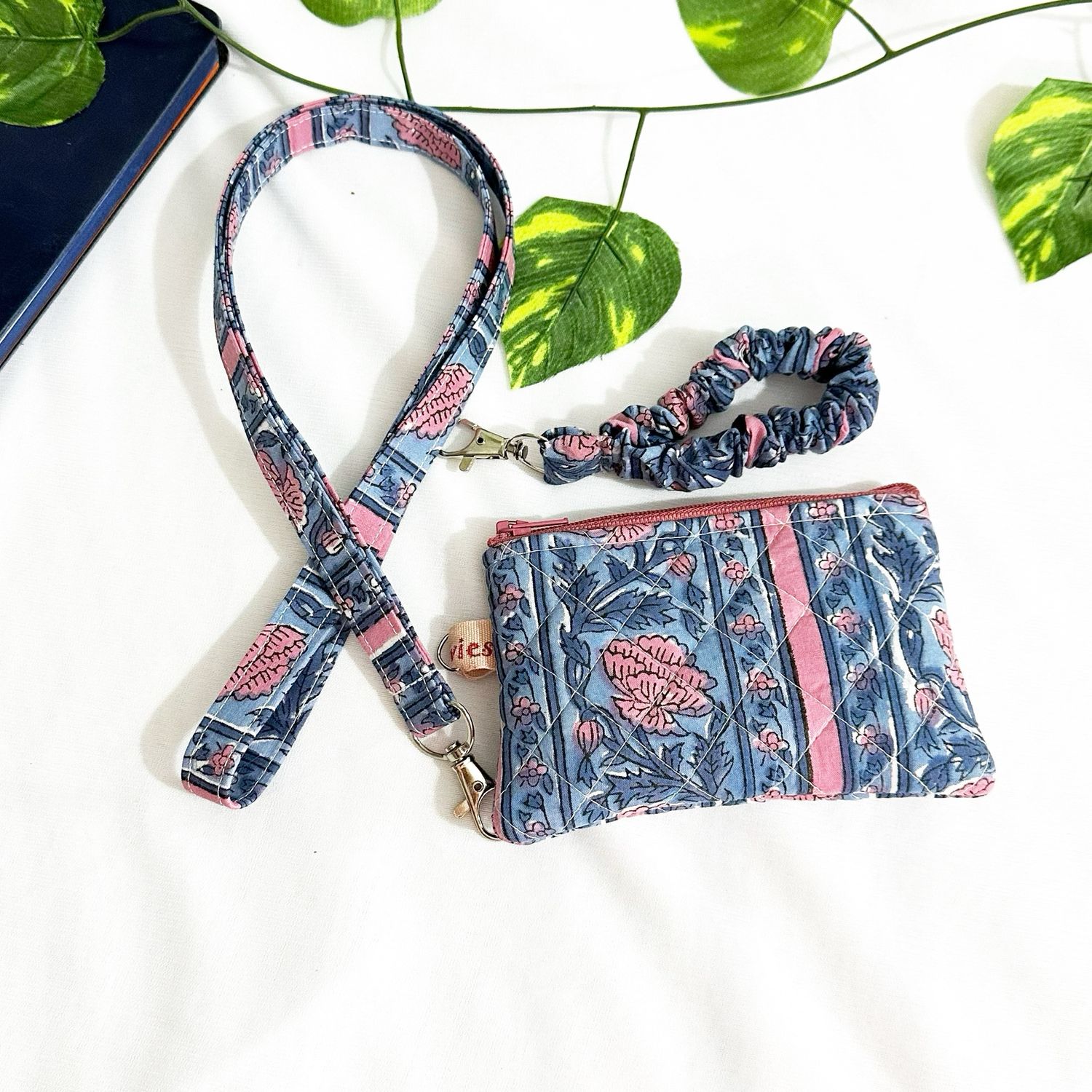 Quilted Coin Purse with Scrunchie Keychain - Floral Indigo