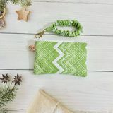 Quilted Block Printed Wallet with Scrunchie Keychain - Green Chevron