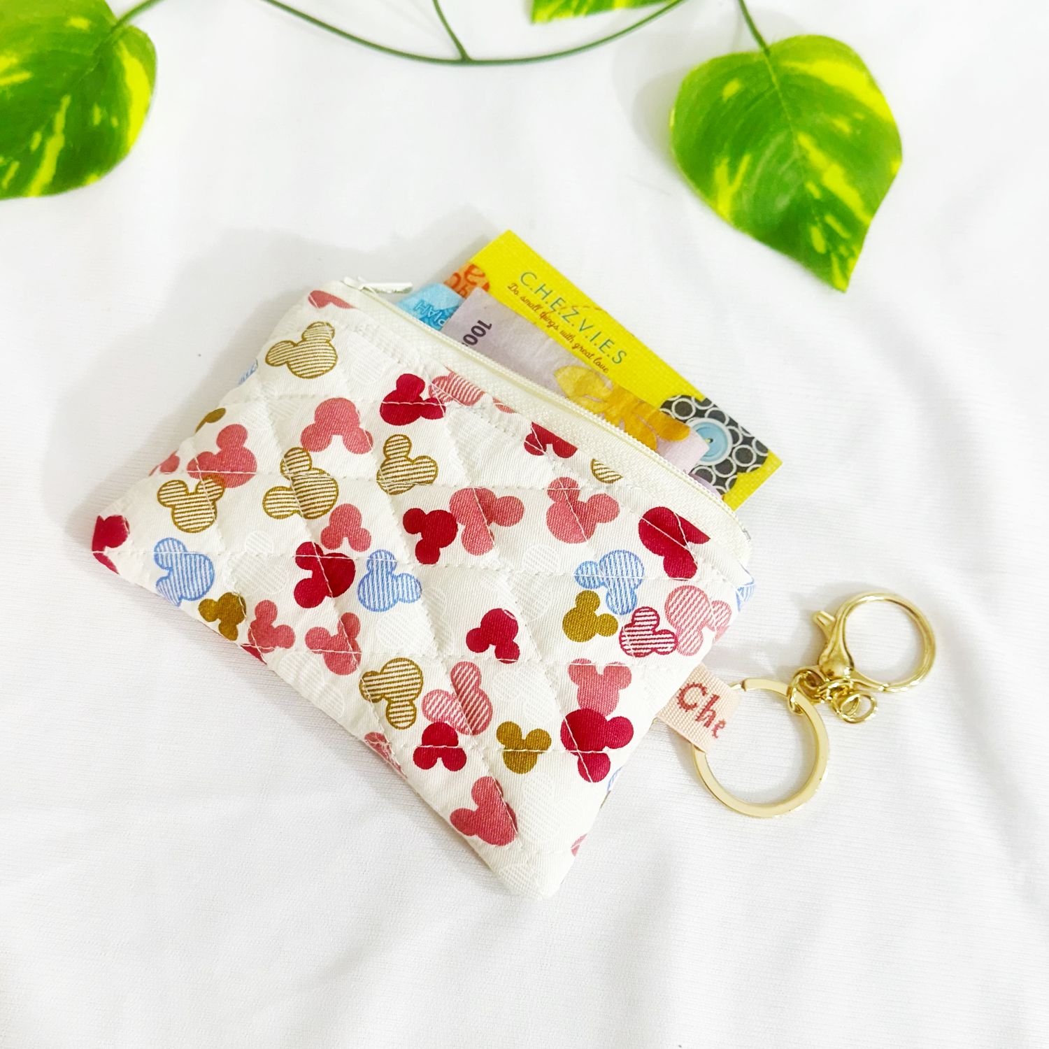 Quilted Coin Pouch with Keychain - Mickey Minnie