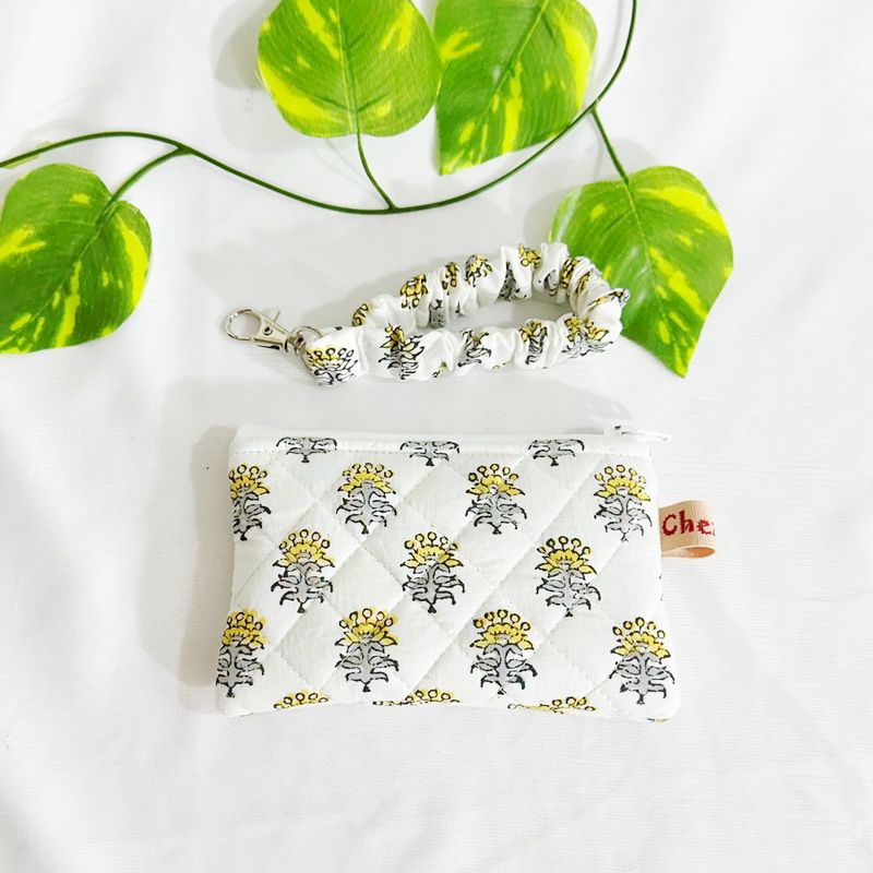 Quilted Coin Pouch with Scrunchie Keychain - Yellow Grey Floral