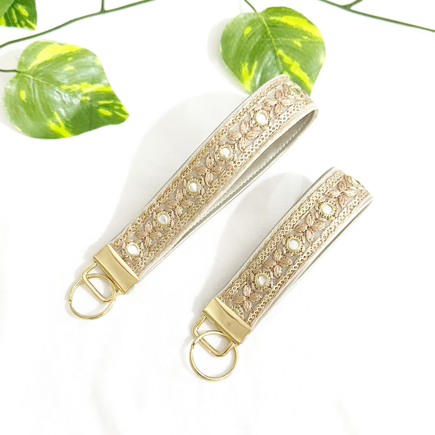 Faux Leather Keychain Keyfob with Embroidery - Biscuit Beige