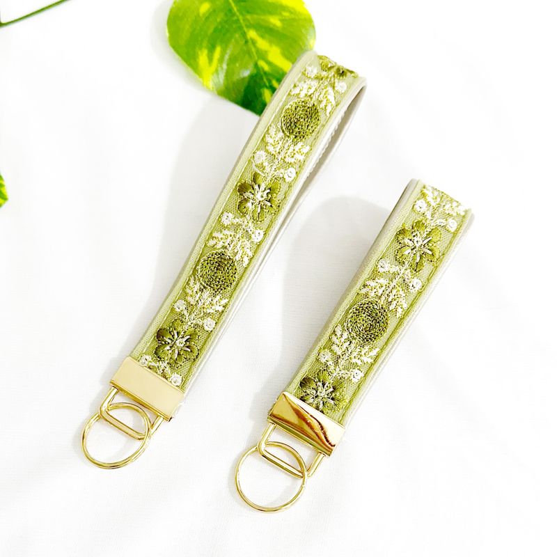 Faux Leather Keychain Keyfob with Embroidery - Pistachio Green