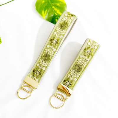 Faux Leather Keychain Keyfob with Embroidery - Pistachio Green