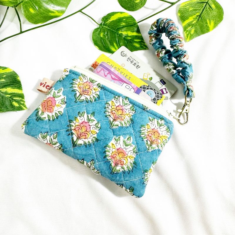 Quilted Coin Purse with Scrunchie Keychain - Teal Blue Floral