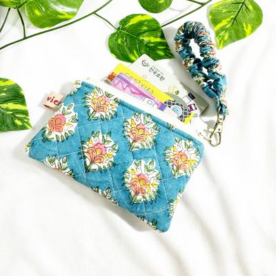 Quilted Block Printed Wallet with Scrunchie Keychain - Teal Blue Floral