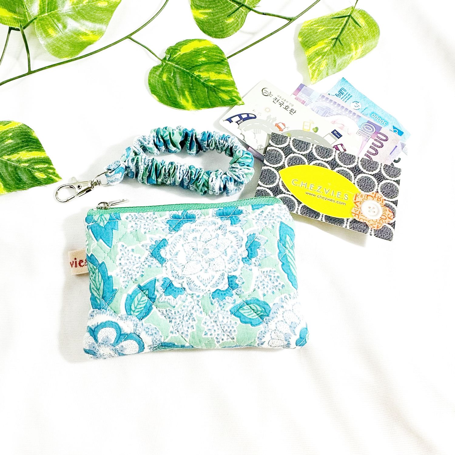 Quilted Block Printed Wallet with Scrunchie Keychain Wristlet - Mint Green Floral
