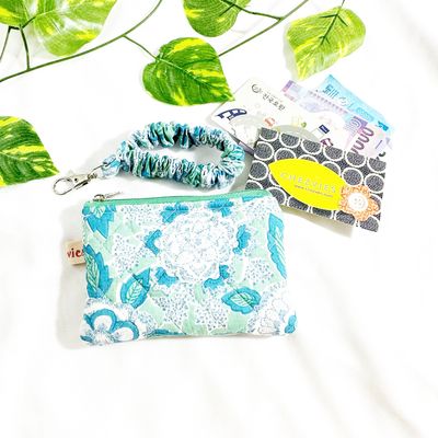 Quilted Block Printed Wallet with Scrunchie Keychain Wristlet - Mint Green Floral