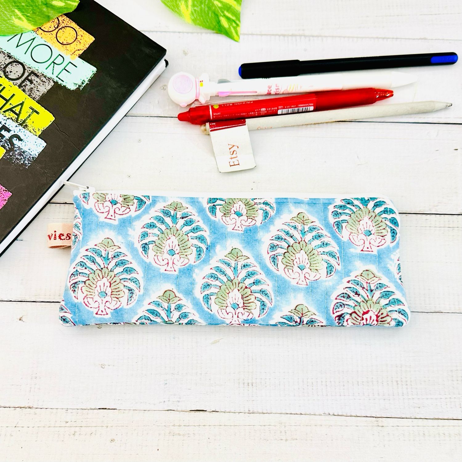 Quilted Pencil Case - Block Print Pencil Pouch - Blue Floral