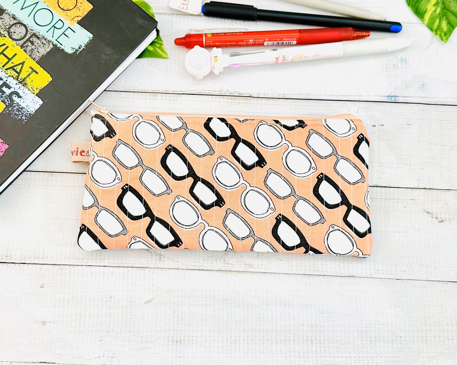 Quilted Pencil Case - Quirky Spectacles Print - Peach
