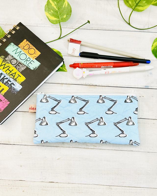 Quilted Pencil Case - Quirky Study Lamp Print - Blue