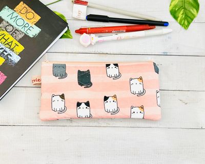 Quilted Pencil Case - Cute Kawaii Cats - Peach