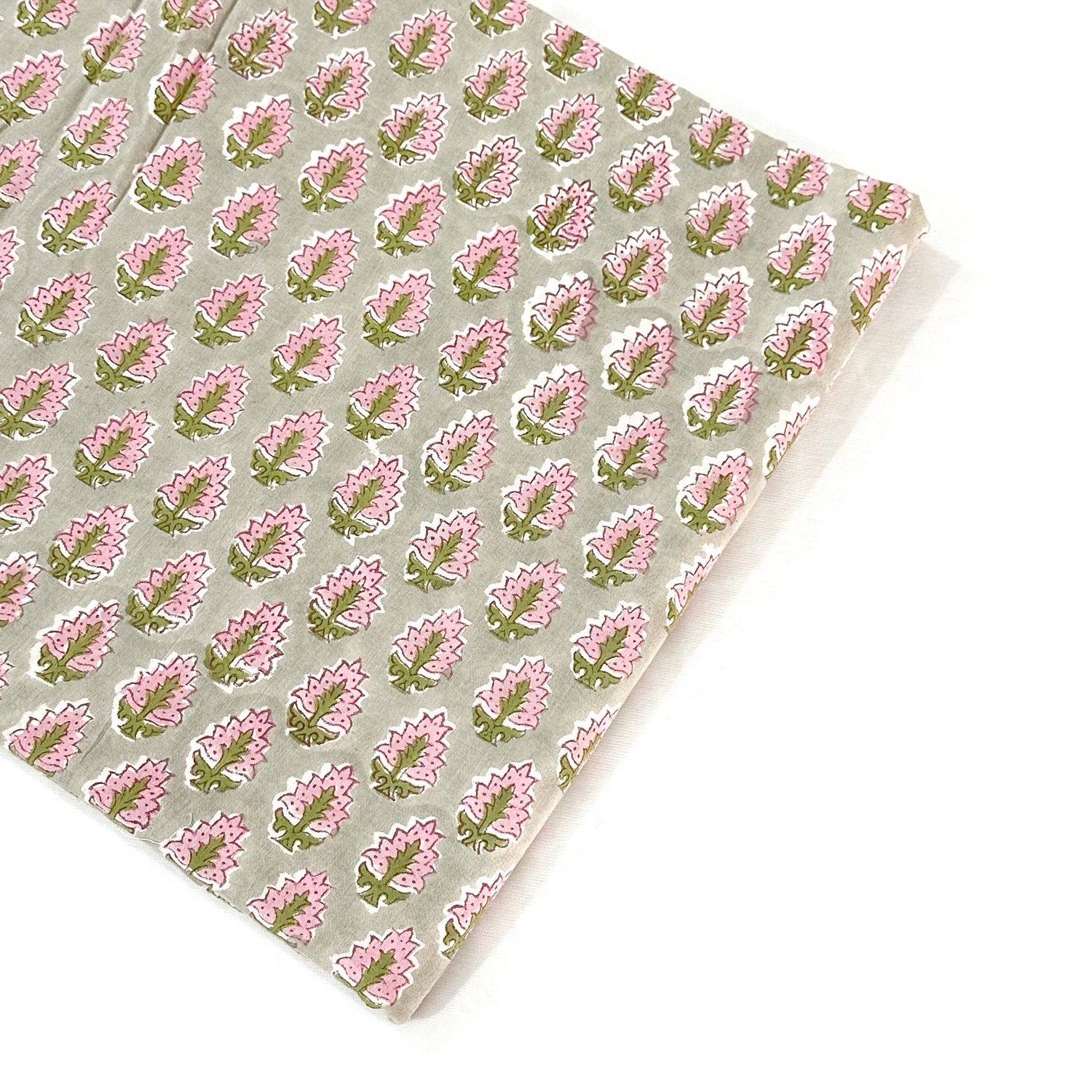 Small Floral Hand Block Print Cotton Fabric - Sand Grey