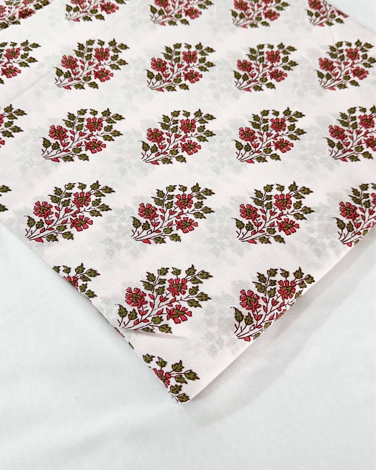 White Floral Hand Block Print Cotton Fabric