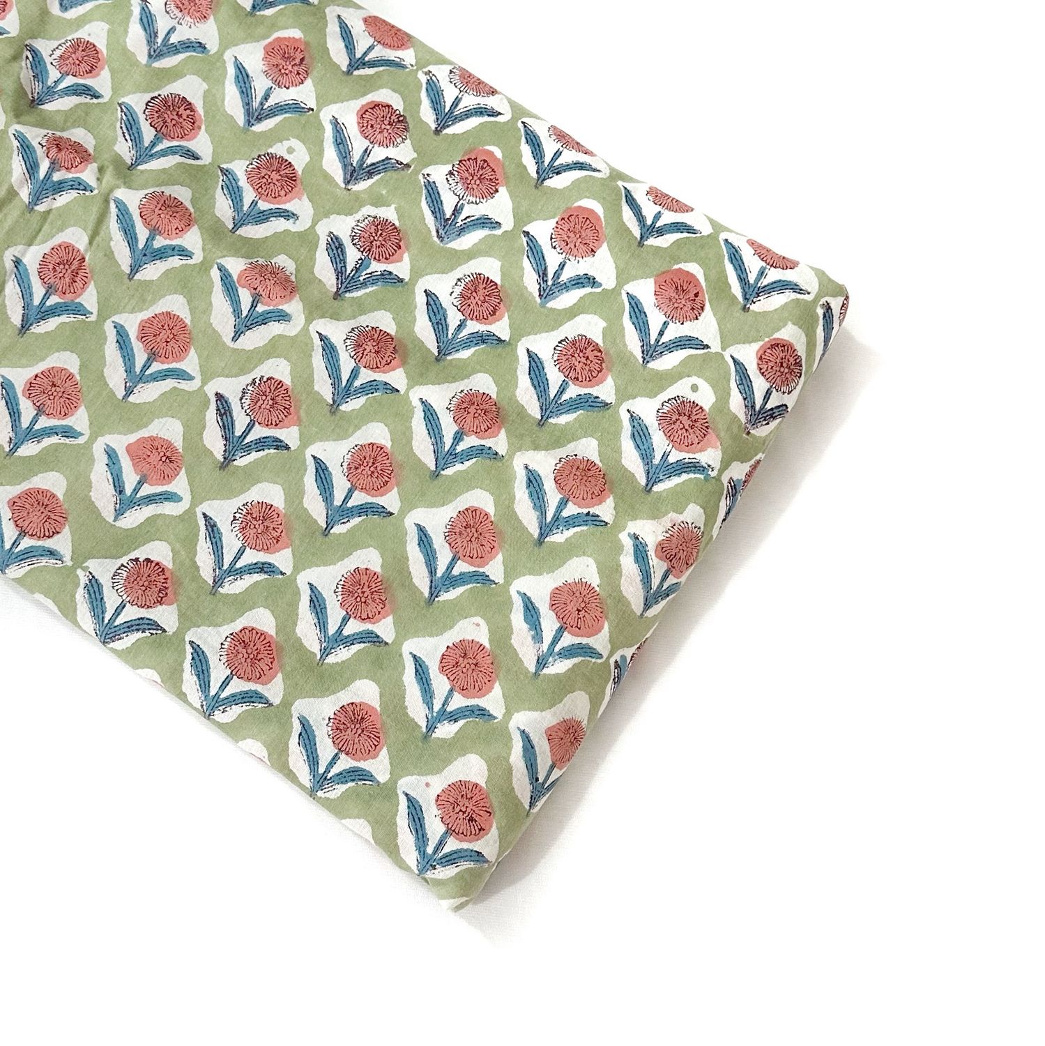 Green Small Floral Hand Block Print Cotton Fabric