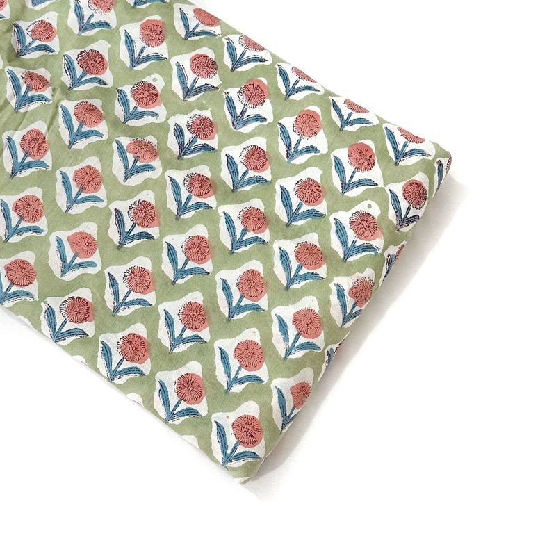 Green Small Floral Hand Block Print Cotton Fabric