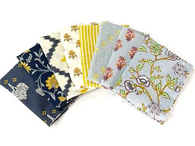 Block Print Fabric Bundle - Fat Quarter Bundle - Blue Yellow Grey