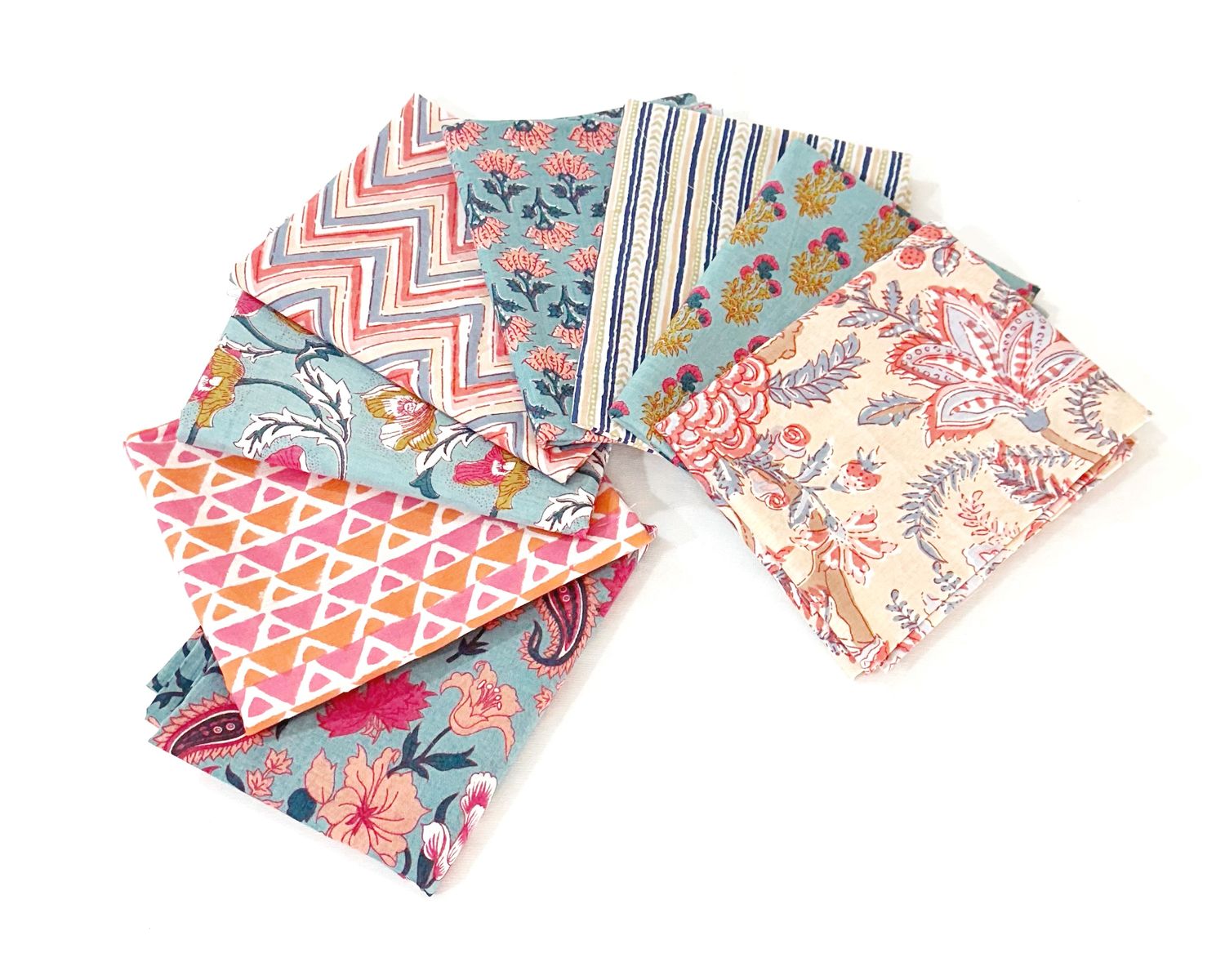 Block Print Fabric Bundle - Fat Quarter Bundle - Grey Peach