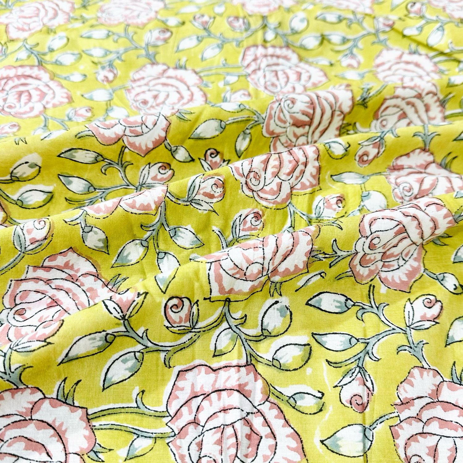 Greenish Yellow Hand Block Print Cotton Fabric - Rose Floral Pattern