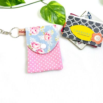 Mini Keychain Card Holder Wallet - Floral Polkadot - Blue Pink