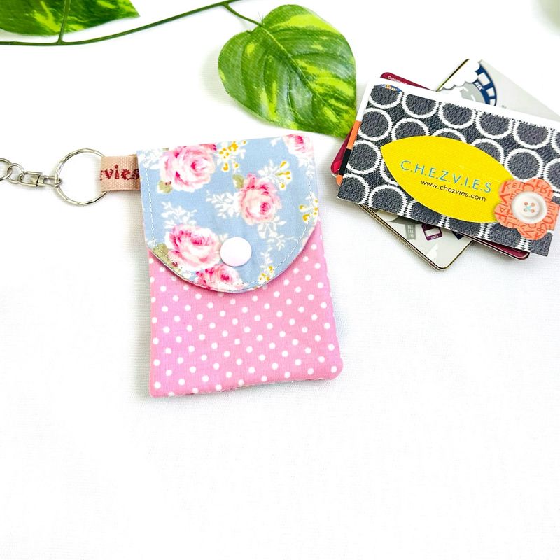 Mini Keychain Card Holder Wallet - Floral Polkadot - Blue Pink