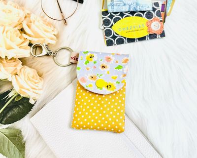 Mini Keychain Card Holder Wallet - Blue Yellow Floral Polkadot