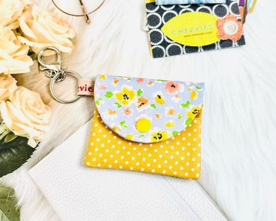 Handmade Keychain Card Holder - Fabric Wallet - Blue Yellow Floral Polkadot