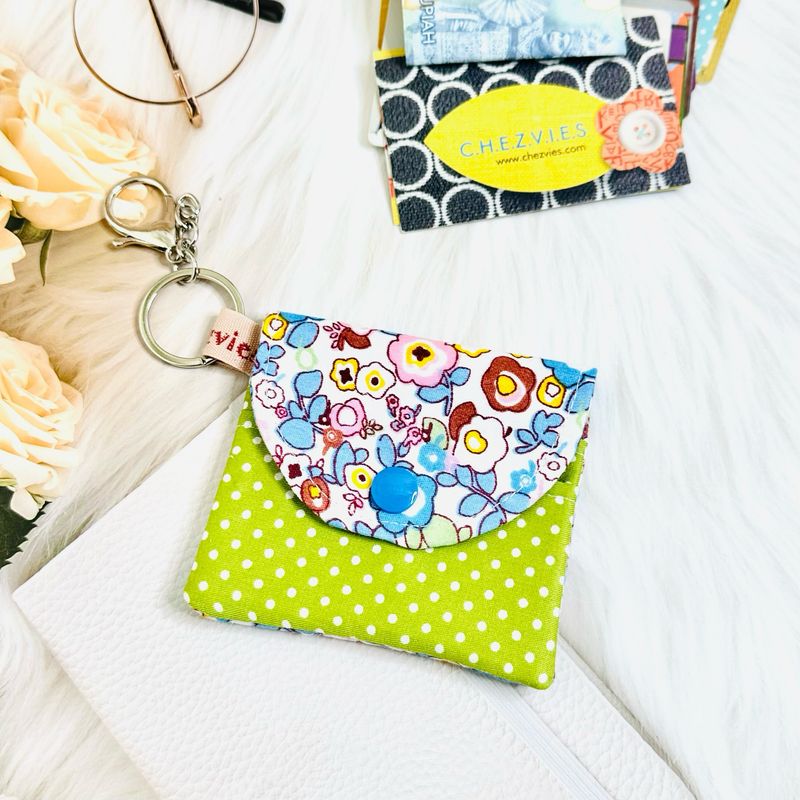 Handmade Keychain Card Holder Wallet - Blue Green - Floral Polkadot Fabric Wallet