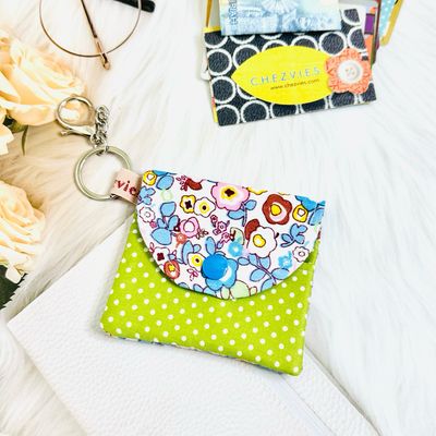 Handmade Keychain Card Holder Wallet - Blue Green - Floral Polkadot Fabric Wallet