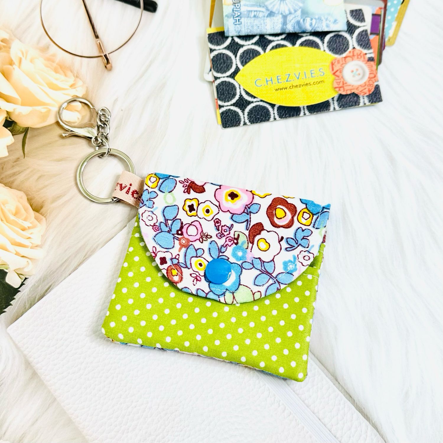 Handmade Keychain Card Holder Wallet - Blue Green - Floral Polkadot Fabric Wallet