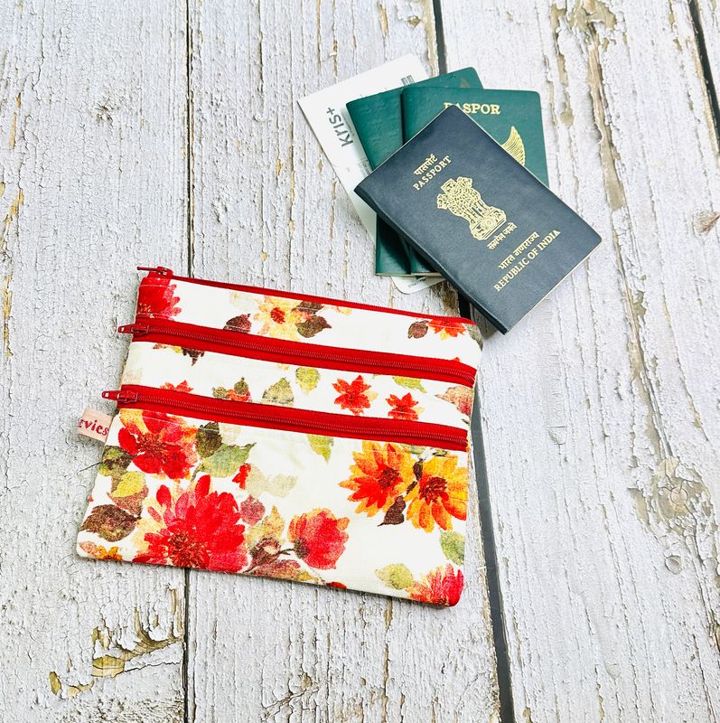 Red Floral Travel Organizer Pouch, Multi Zipper Passport Pouch