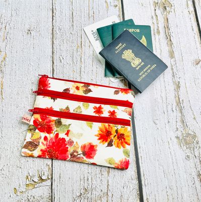 Red Floral Travel Organizer Pouch, Multi Zipper Passport Pouch