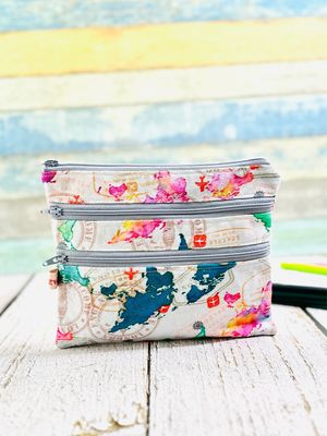 Handmade Multi Zippered Bag - Travel Passport Pouch - Gray World Map