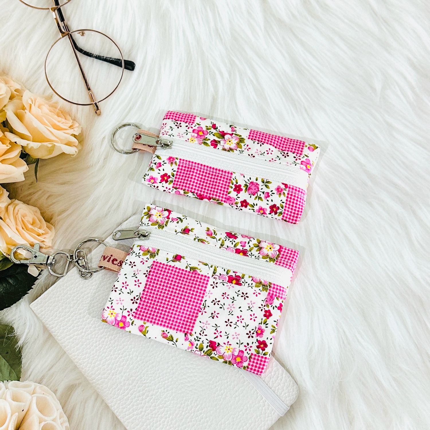 Patchwork Keychain Zipper Wallet - Pink Floral - Fabric Wallet