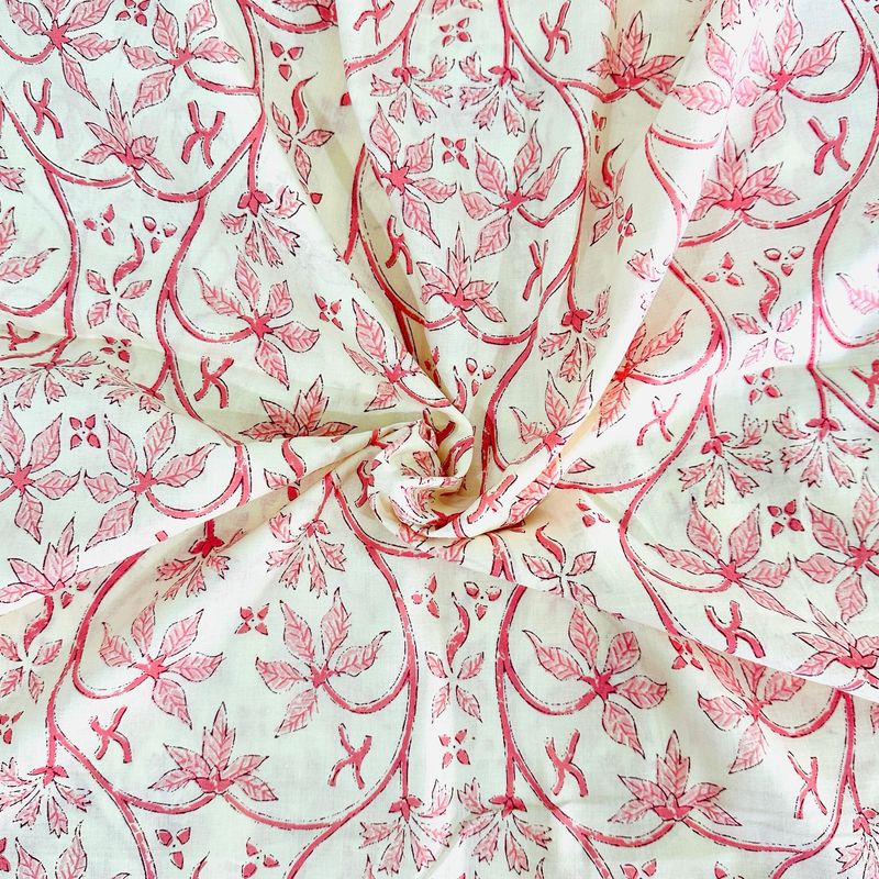 Pink Off White Floral Cotton Fabric Dress Material