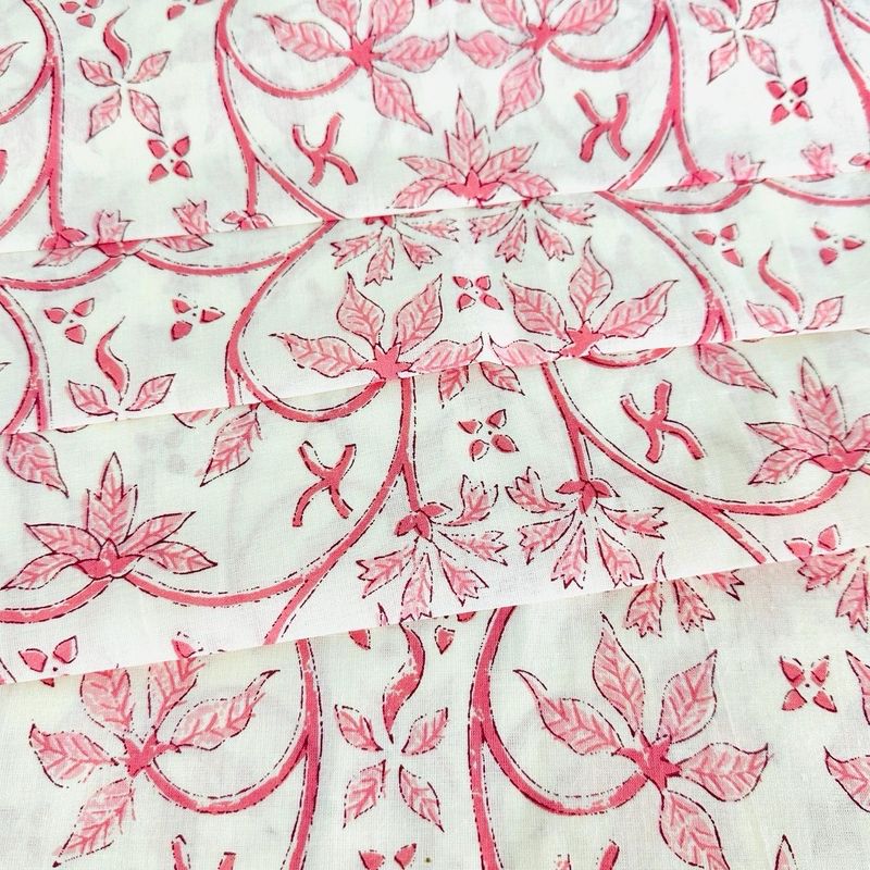 Pink Off White Floral Cotton Fabric Dress Material