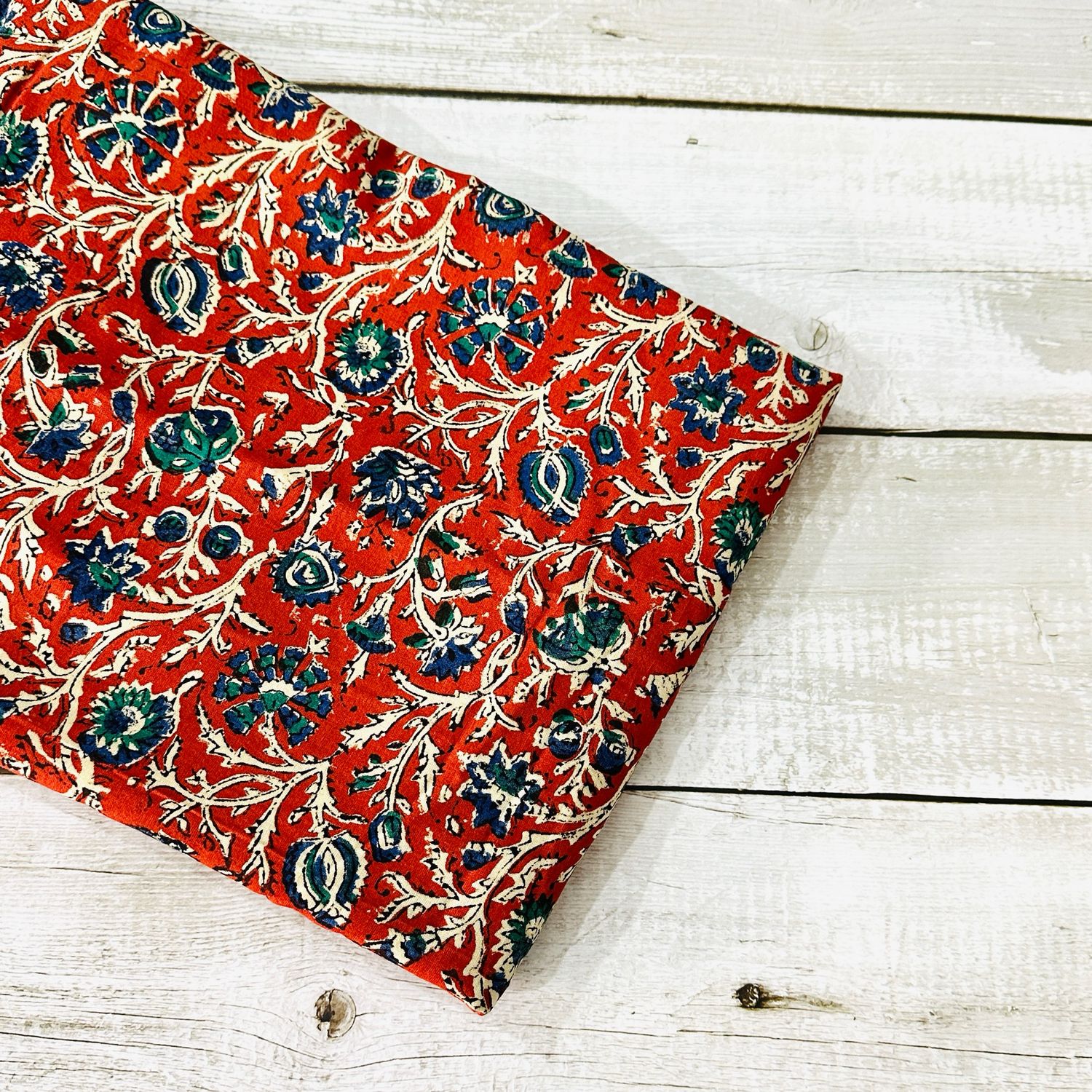 Red Floral Hand Block Print Kalamkari Cotton Fabric for Dress Making Sewing Quilting Crafting, 44 inch wide