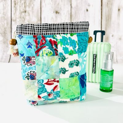 Patchwork Quilted Drawstring Pouch - Teal Green