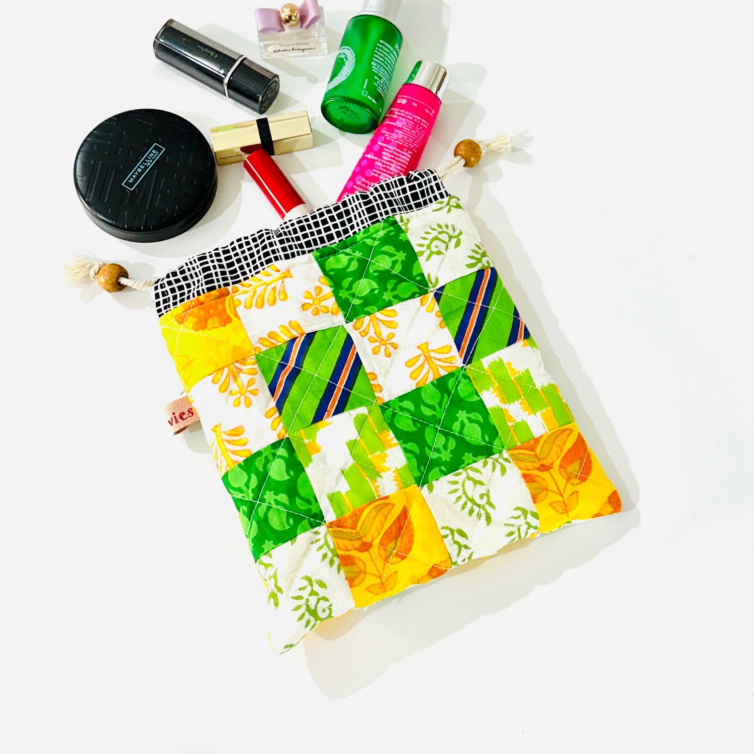 Patchwork Quilted Drawstring Pouch - Green Yellow