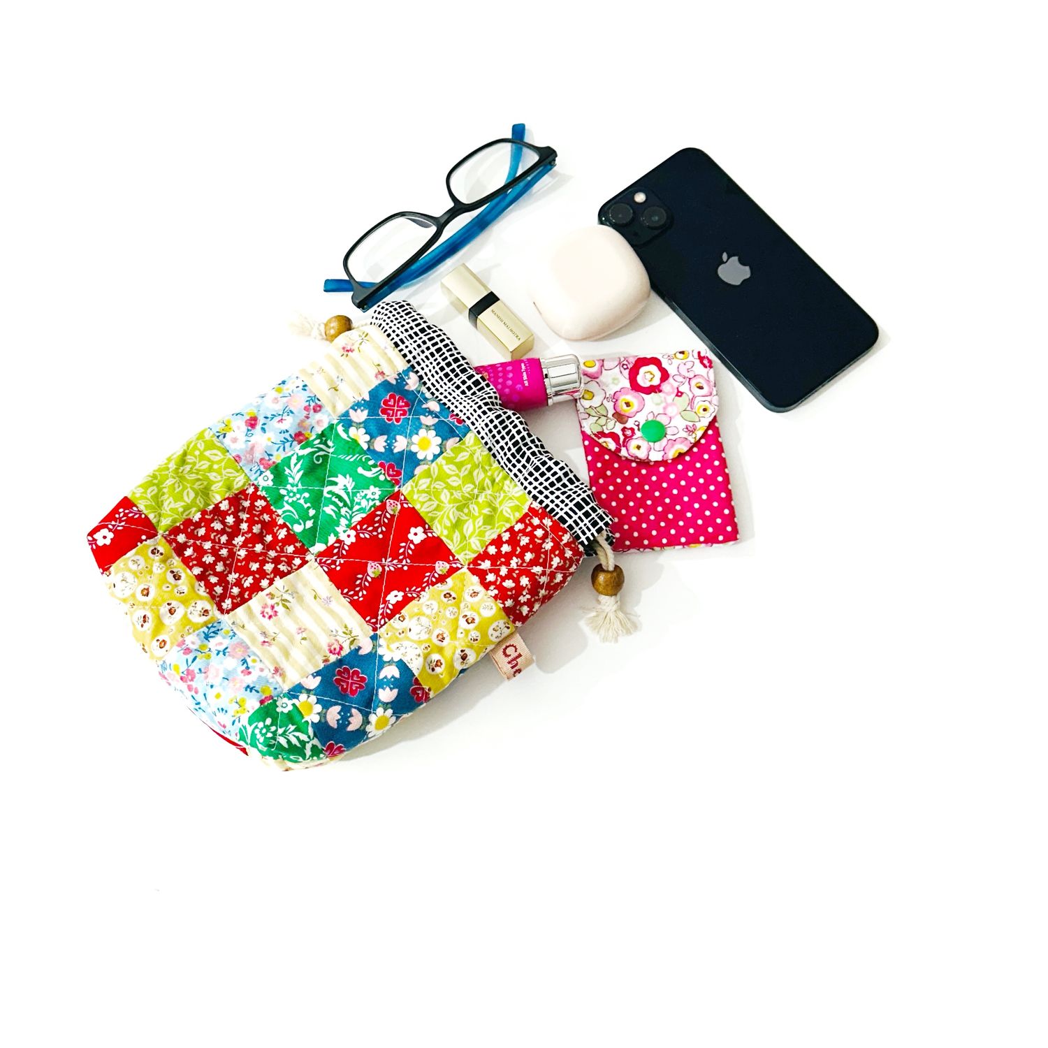 Patchwork Quilted Drawstring Pouch - Multi Color