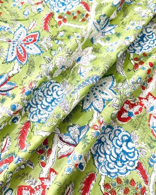 Green Floral Hand Block Print Cotton Fabric, Cotton Dress Materials, Lightweight Cotton,  44 Inch Wide