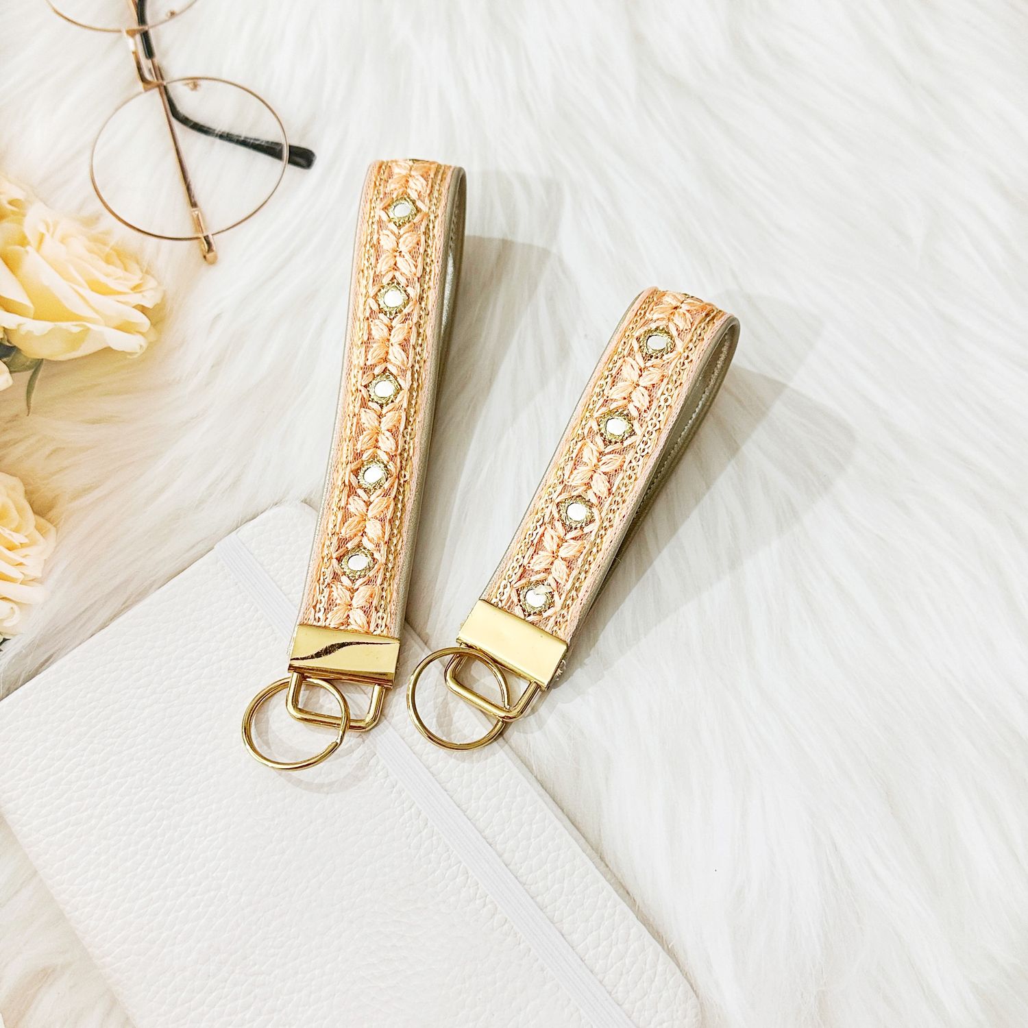 Embroidered Trim Faux Leather Keychain Keyfob  - Orange Peach