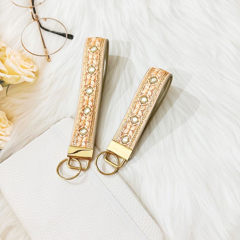 Embroidered Trim Faux Leather Keychain Keyfob  - Orange Peach