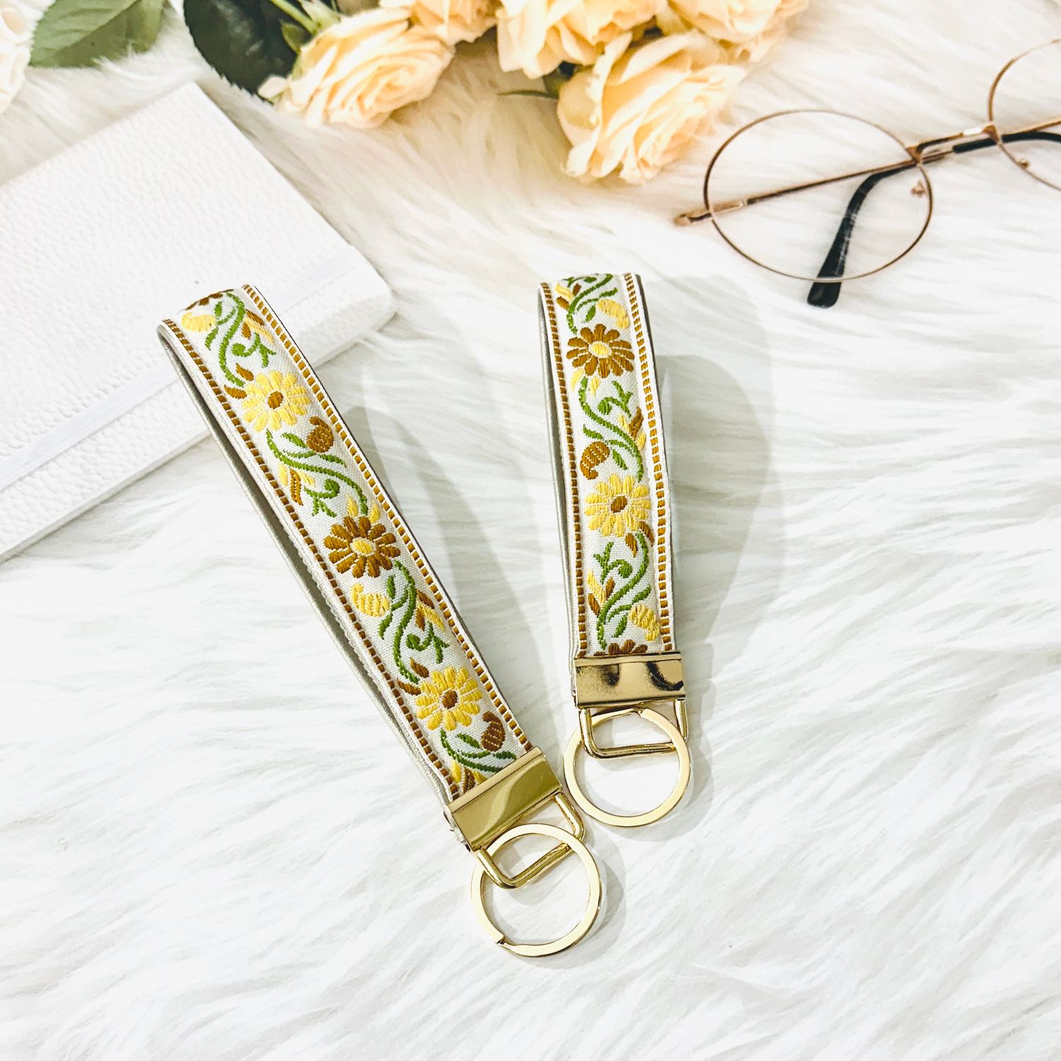 Embroidered Trim Faux Leather Keychain Keyfob  - Matte Gold Brown