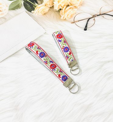 Embroidered Trim Faux Leather Keychain Keyfob  - Red Purple Silver