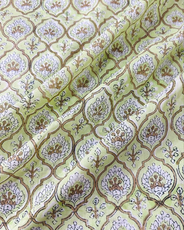 Green Floral Fabric Hand Block Print Cotton Dress Material