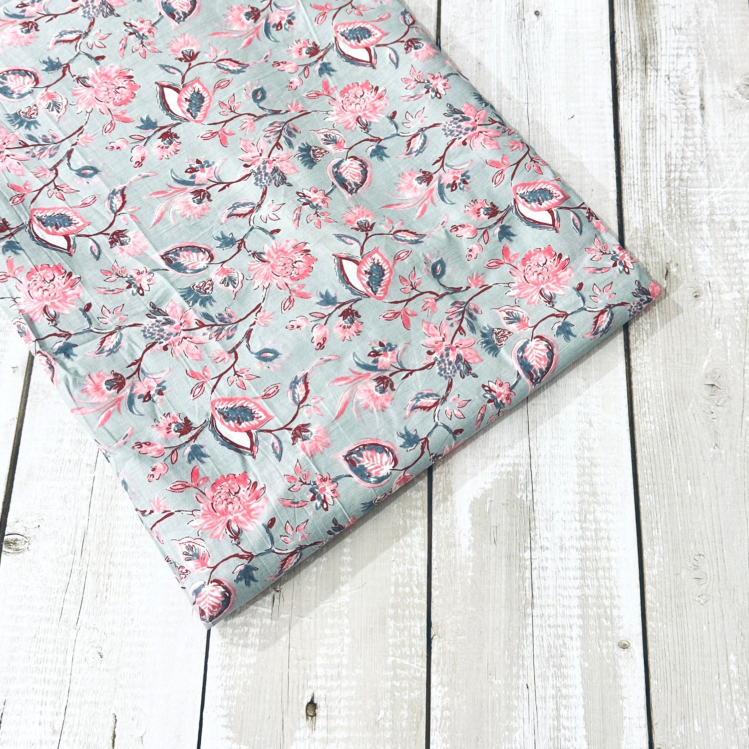 Grey with Pink Floral Block Print Cotton Fabric