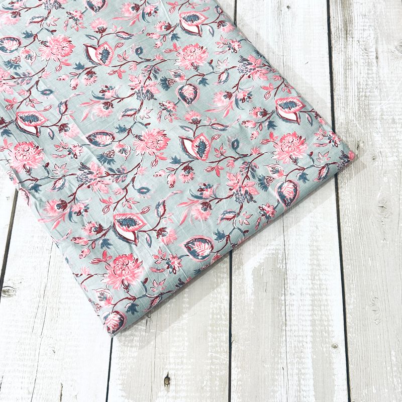 Grey with Pink Floral Block Print Cotton Fabric